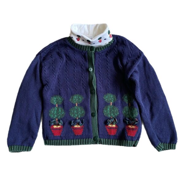Vintage 80s Hartstrings Cardigan Sweater Girls 6 Button Up Navy Cotton Christmas - Picture 1 of 16